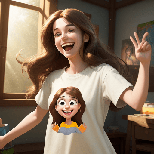 AI generated: A high-detail Pixar-style woman cartoon character with long brown hair and big smile wearing comfort...