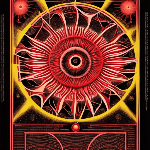 AI generated: crimson infographic of the creation of the sun/chart/schematics/measurements/marginalia/abstract/tar...