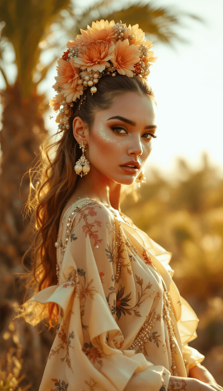 AI generated: fashion editorial shot by Tim Walker in a Moroccan farm, luxury silk resort wear, gorgeous female mo...