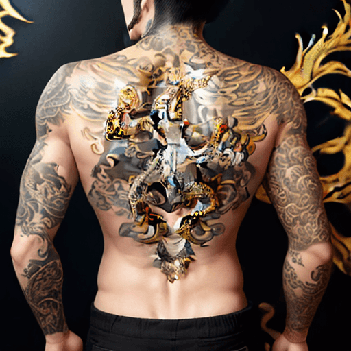 AI generated: Golden Dragon tatoo in back