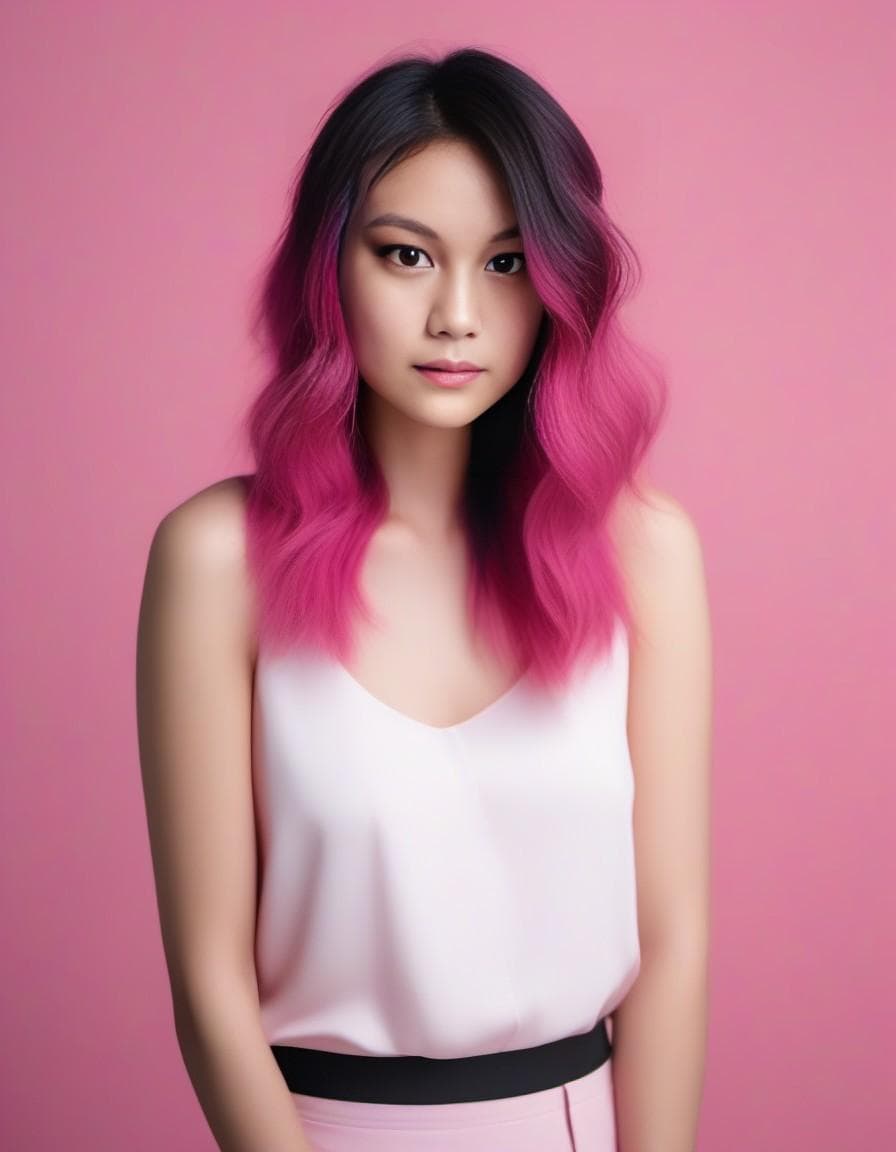 AI generated: Portrait of a pretty young woman with magenta-lite pink hair, film grain, high quality, studio shoot...