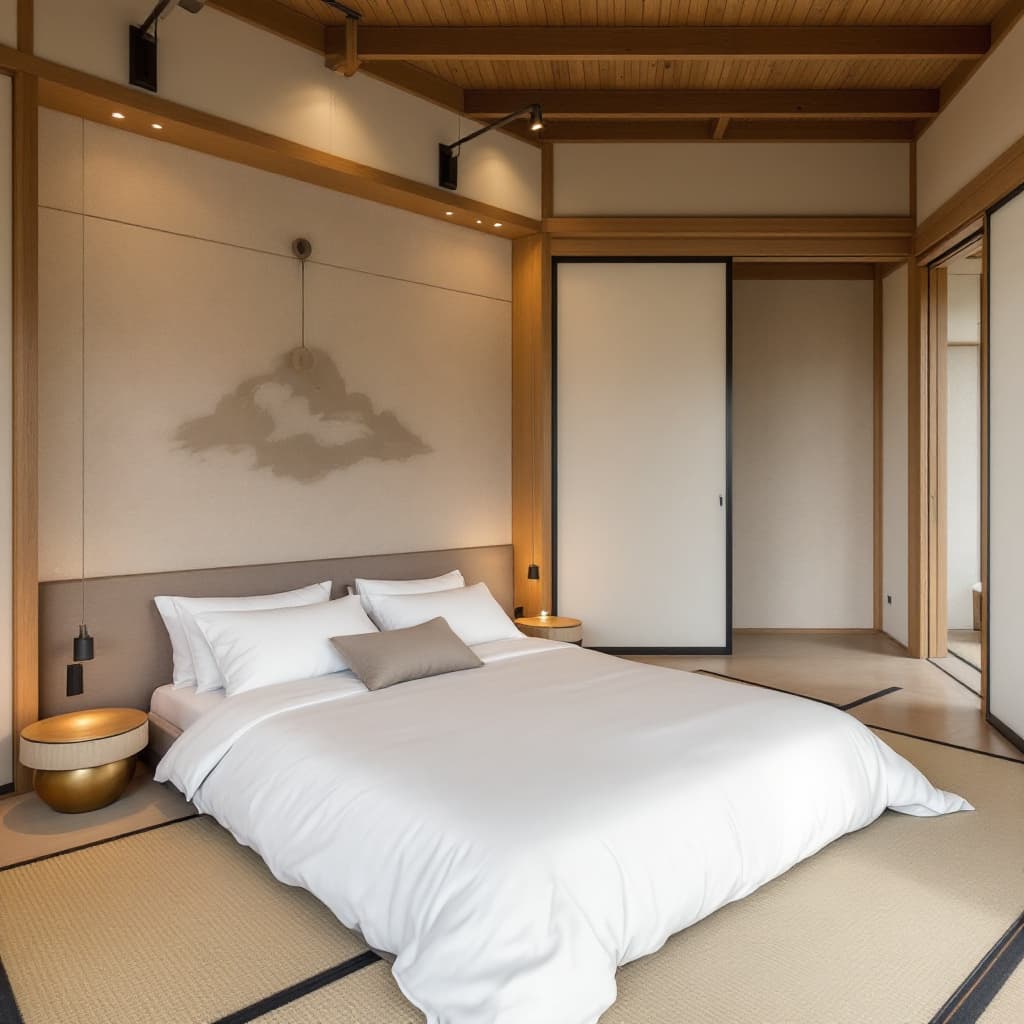 AI generated: a luxury home where there is traditionnal tatami bedroom with a futon

