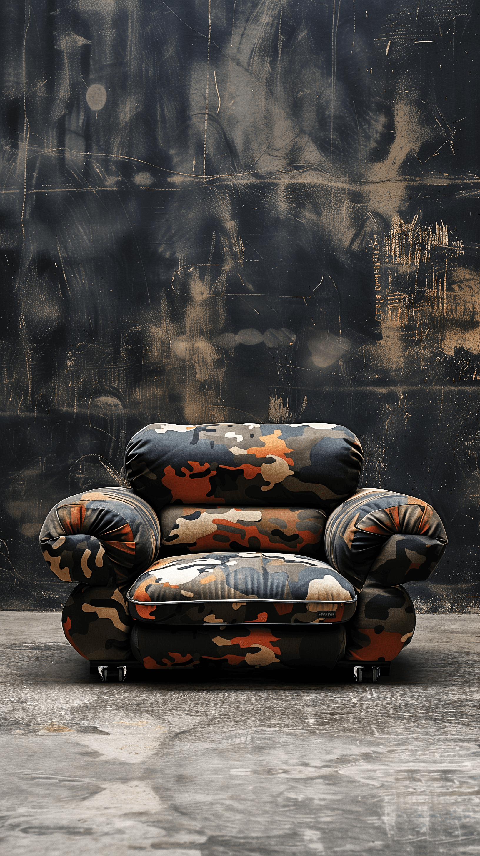 AI generated: productive photography, front view, small couch, creative design, camouflage texture with steel deta...