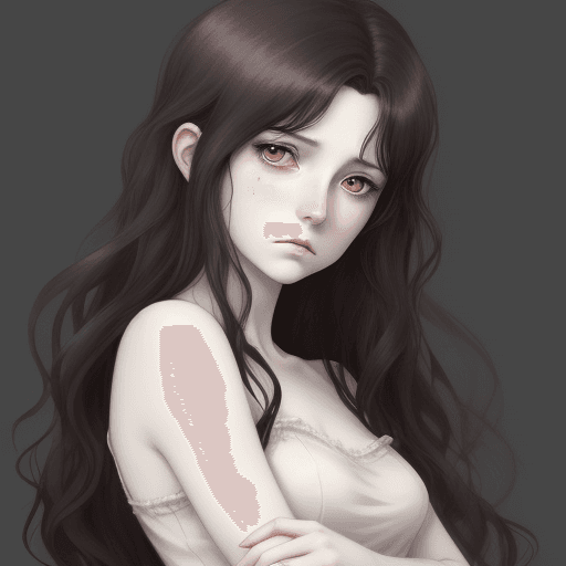 AI generated: pale skinned woman with dark wavy hair and with a melancholic expression in anime style