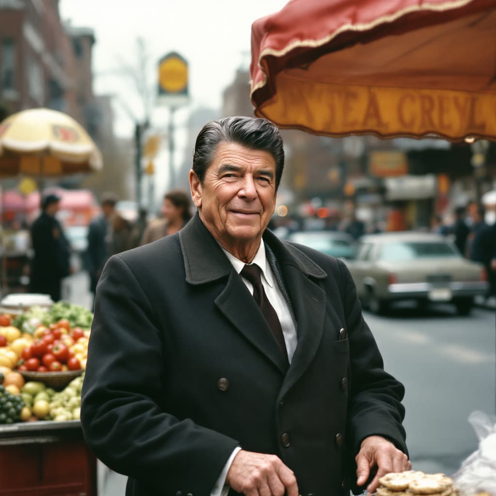AI generated: Ronald Reagan as a street vendor in the Bronx. 1980