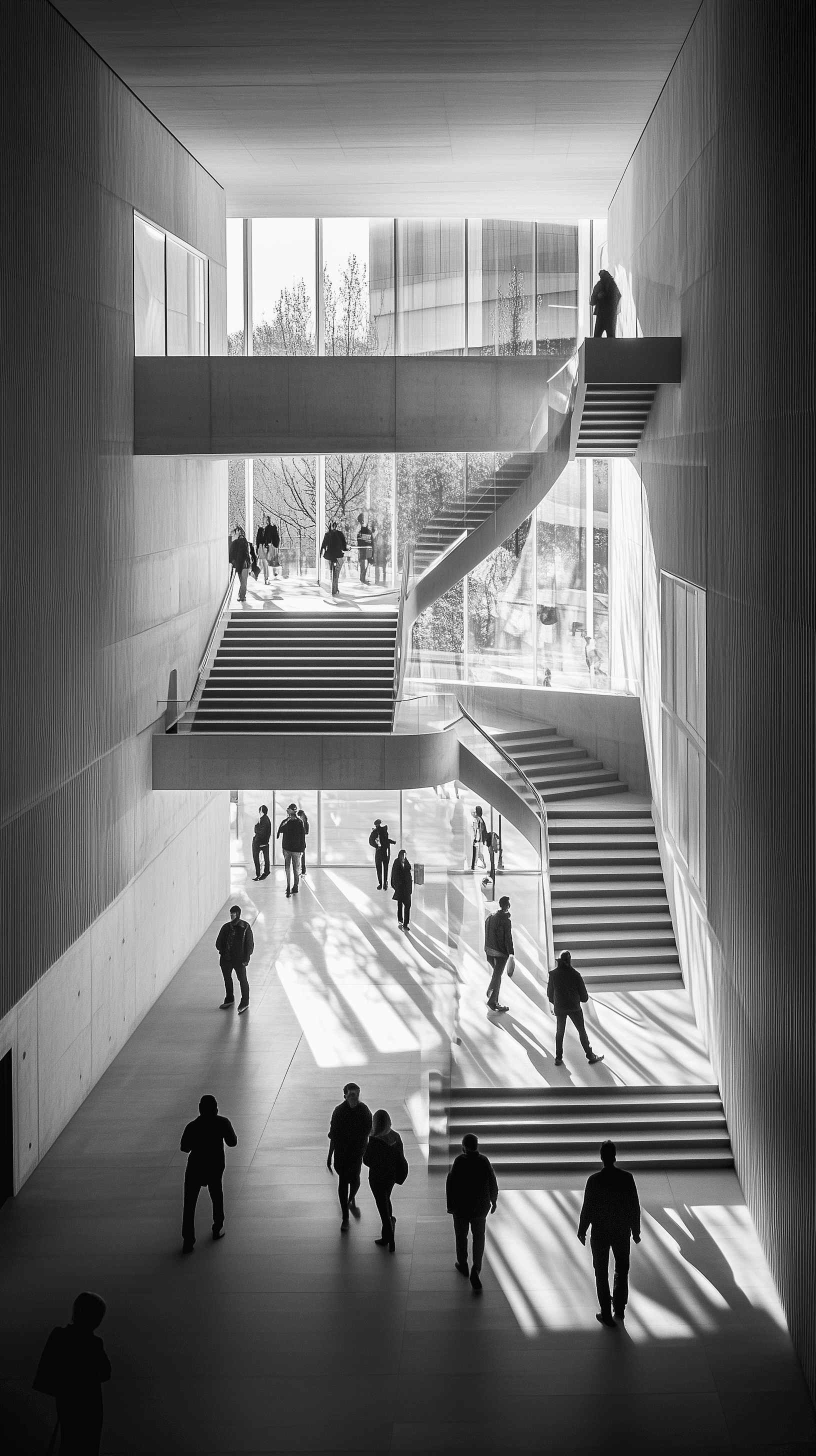 AI generated: geometric and architectural, vertical, black and white photography, looking up through a multi-level...