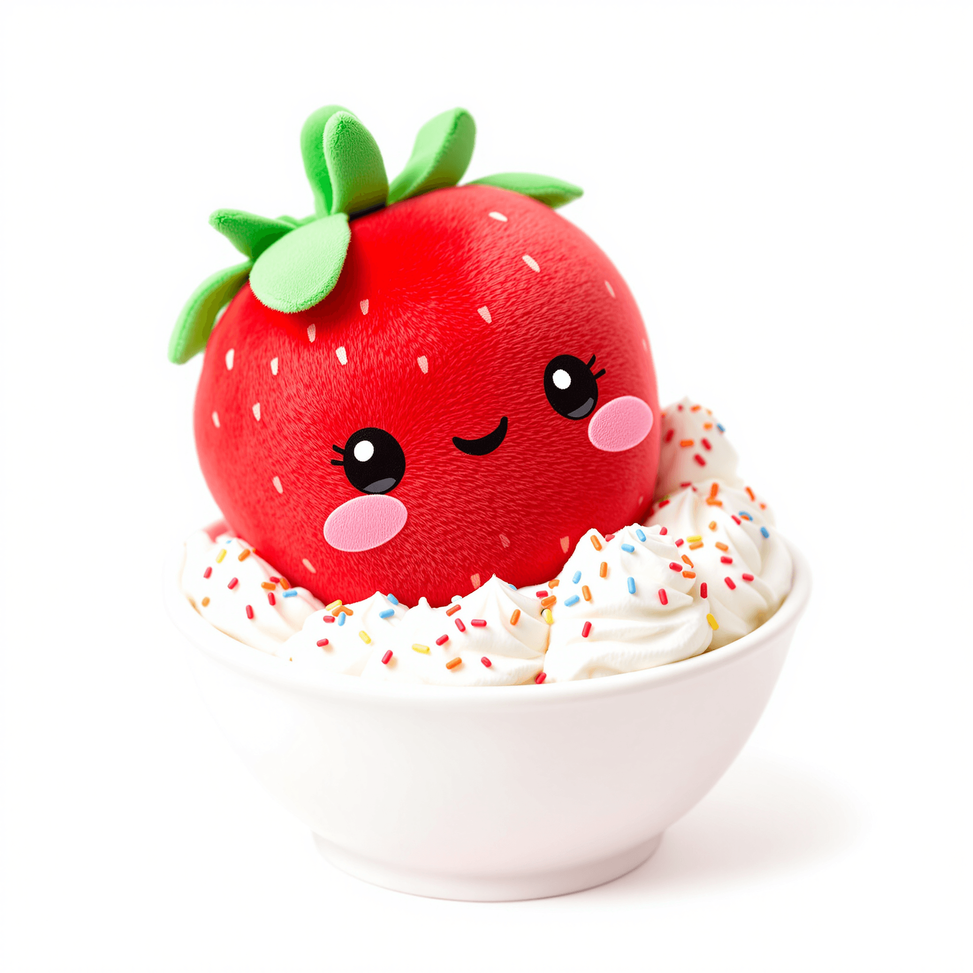 AI generated: A cute and playful strawberry-shaped plush toy with a blushing expression, nestled inside a bowl of ...
