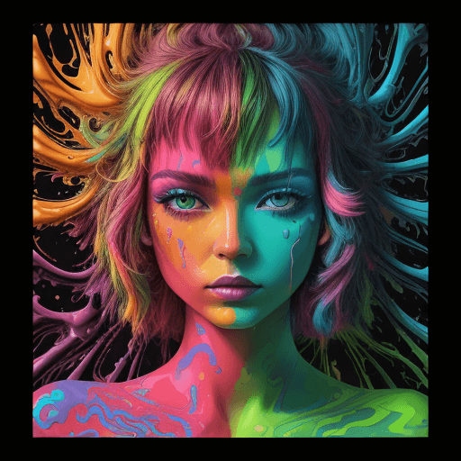 AI generated: psychedelic liquid painting, neon woman colors, green, blue cobalt, ruby red, orange, yellow, pink, ...