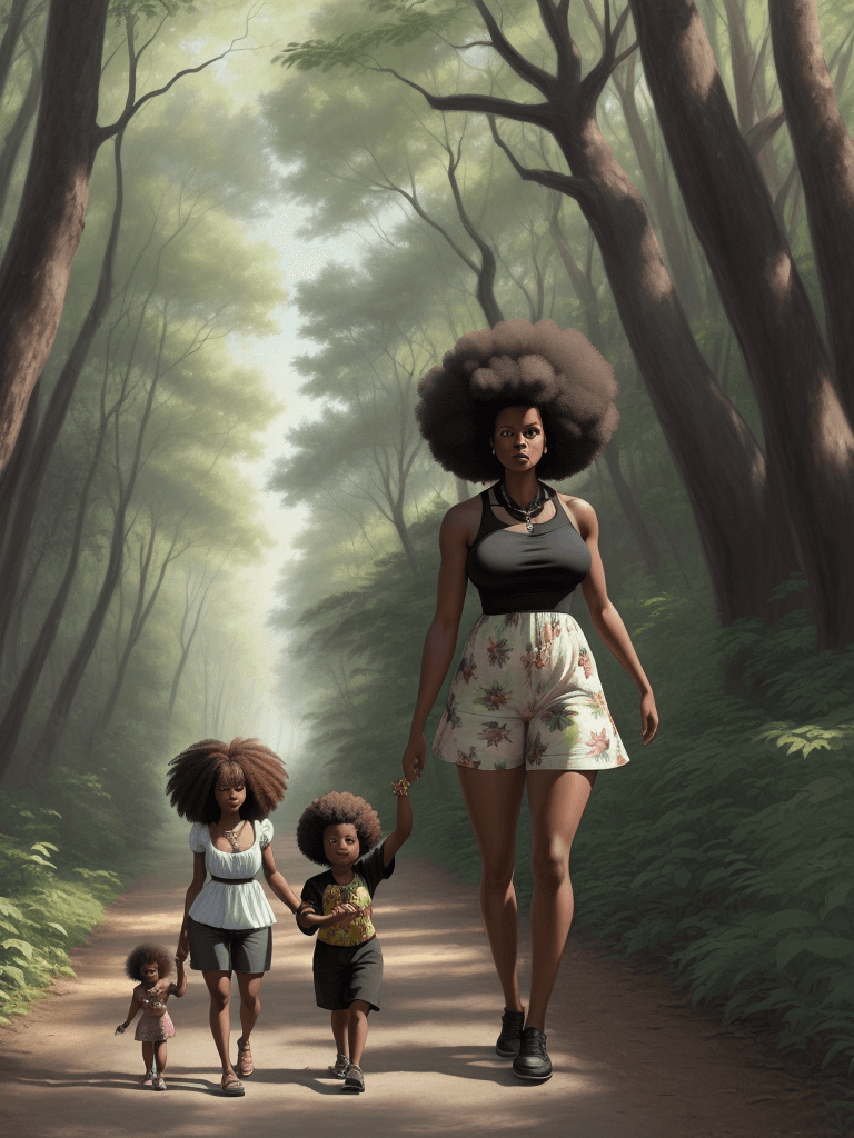 AI generated: black woman and child, walking in the forest, afros, woman in sundress, child in shorts, american bu...