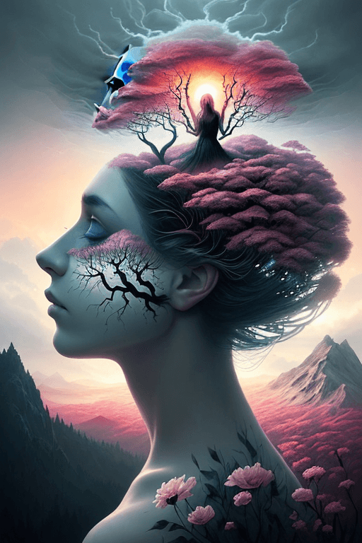 AI generated: Nature exploding out a humans head, trees, flowers, mountain, sunset, nature mind, expressive creati...