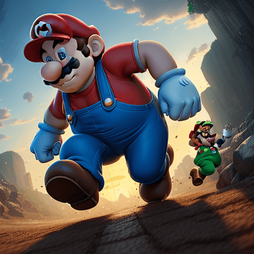 AI generated: Photo of ultra realistic Mario from Super Mario Bros stomping a goomba, pale sunrise, cinematic ligh...