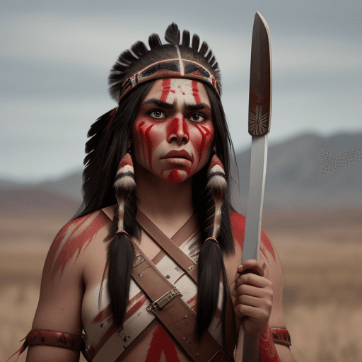 AI generated: A young angry American Indian princess holds a tomahawk in her hand, 8k, red face warpaint, 