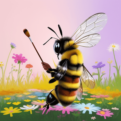 AI generated: An adorable and colorful bee stands in front of a canvas in a meadow full of flowers. The bee holds ...