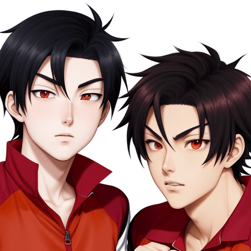 AI generated: anime guy with black hair and anime guy with red hair in volleyball uniform