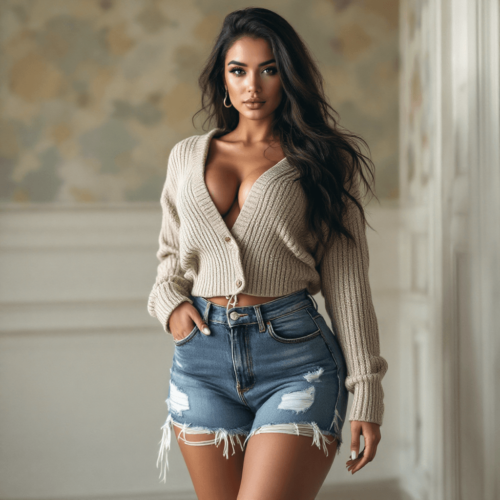 AI generated: 
Beautiful full-body shot of an Latina woman wearing a low cut sweater and extremely short low rise ...