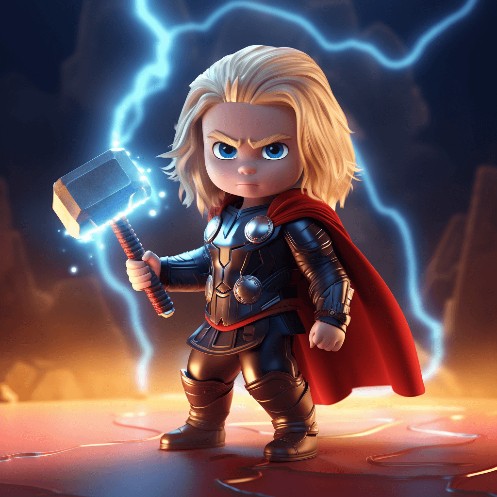 AI generated: Marvel hero baby Thor, lighting hammer in right hand, long blond hair, background blurred lightning,...