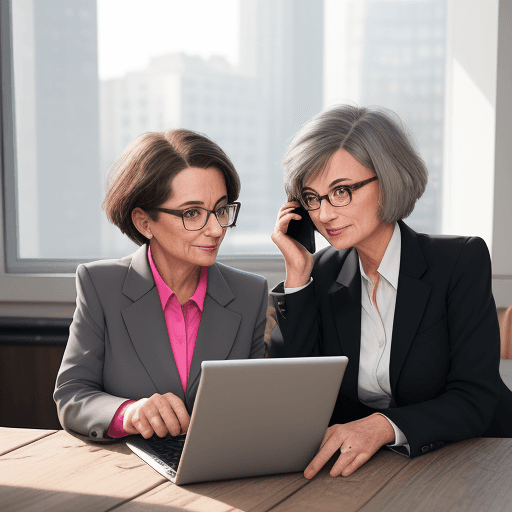 AI generated: two people in business suits: a brunette girl with glasses and a woman 50 years old with gray hair w...