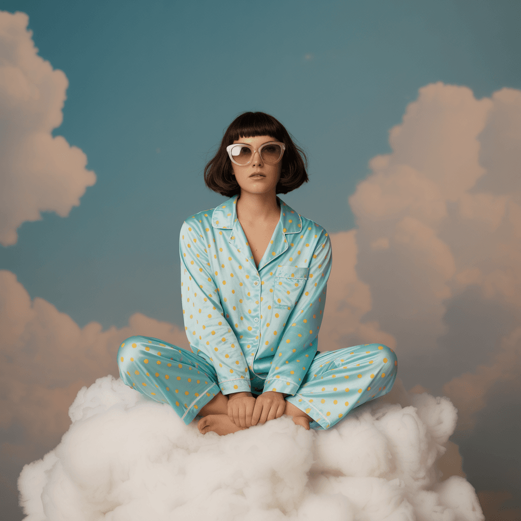AI generated: A photo of an eccentric woman sitting on top of white fluffy clouds wearing big sunglasses and light...
