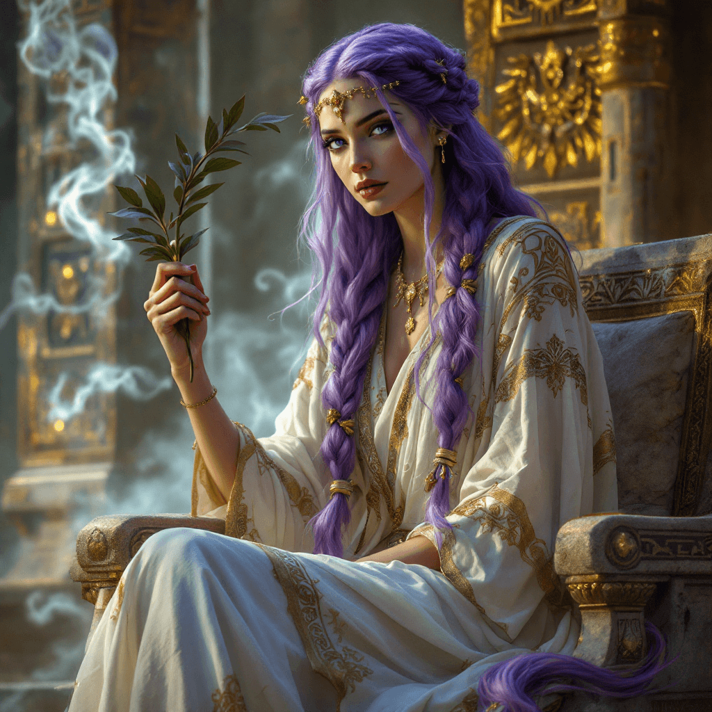 AI generated: The Oracle of the Delphi Temple: A wise and powerful seer with long, violet hair often braided and a...