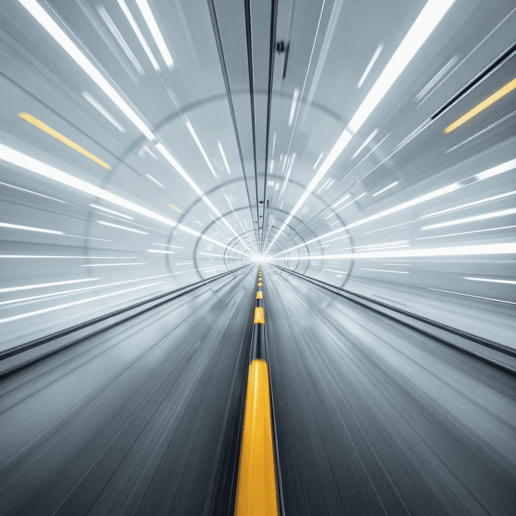 AI generated: futurerstic, tunnel, fluchtpunkt, white, bright moving lights, long exposure, speed, dynamic, symmet...