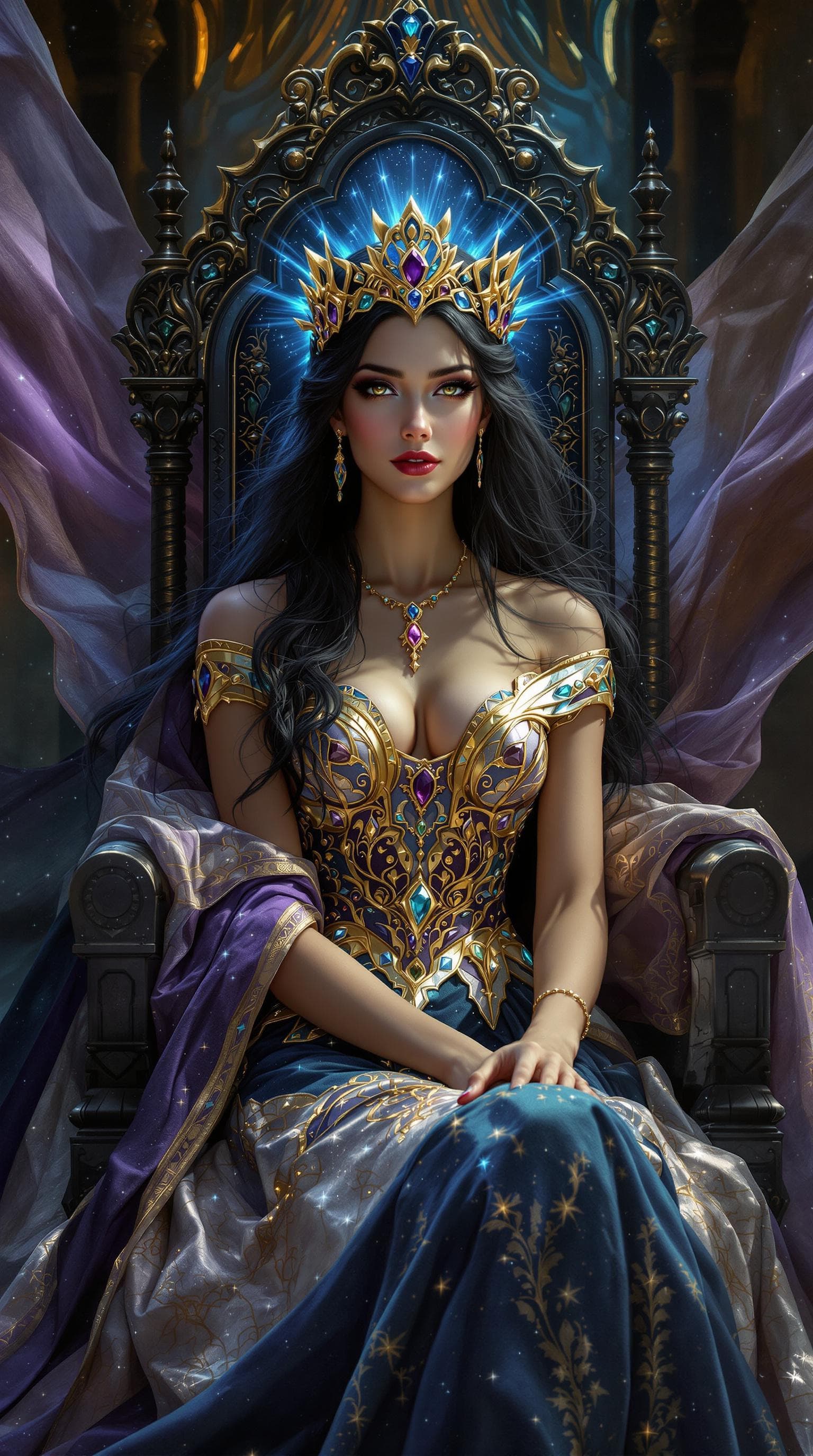 AI generated: A pretty, regal queen with a slender yet commanding form, her eyes holding a timeless wisdom and her...