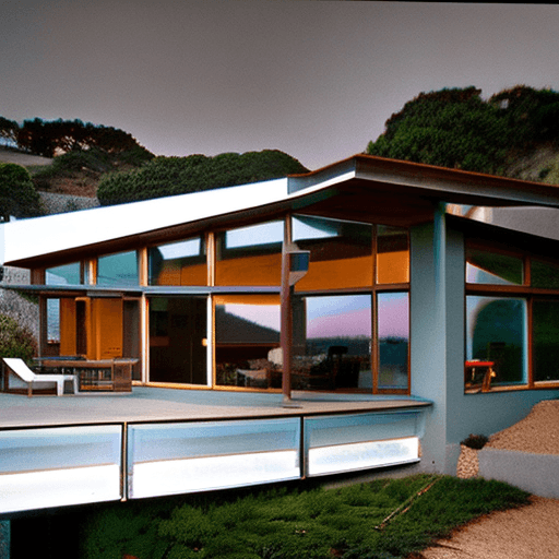 AI generated: Hyper realistic eye level exterior photo of a mid century modern style house overlooking the ocean, ...