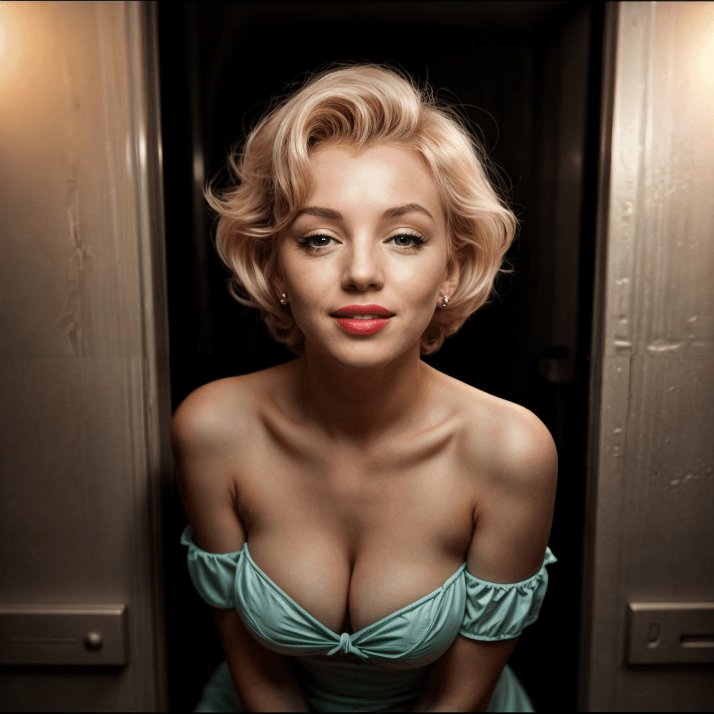 AI generated: Marilyn Monroe in  vinyl erotic pastell coloured  50th outfit, very thight and cut out, very cute sw...