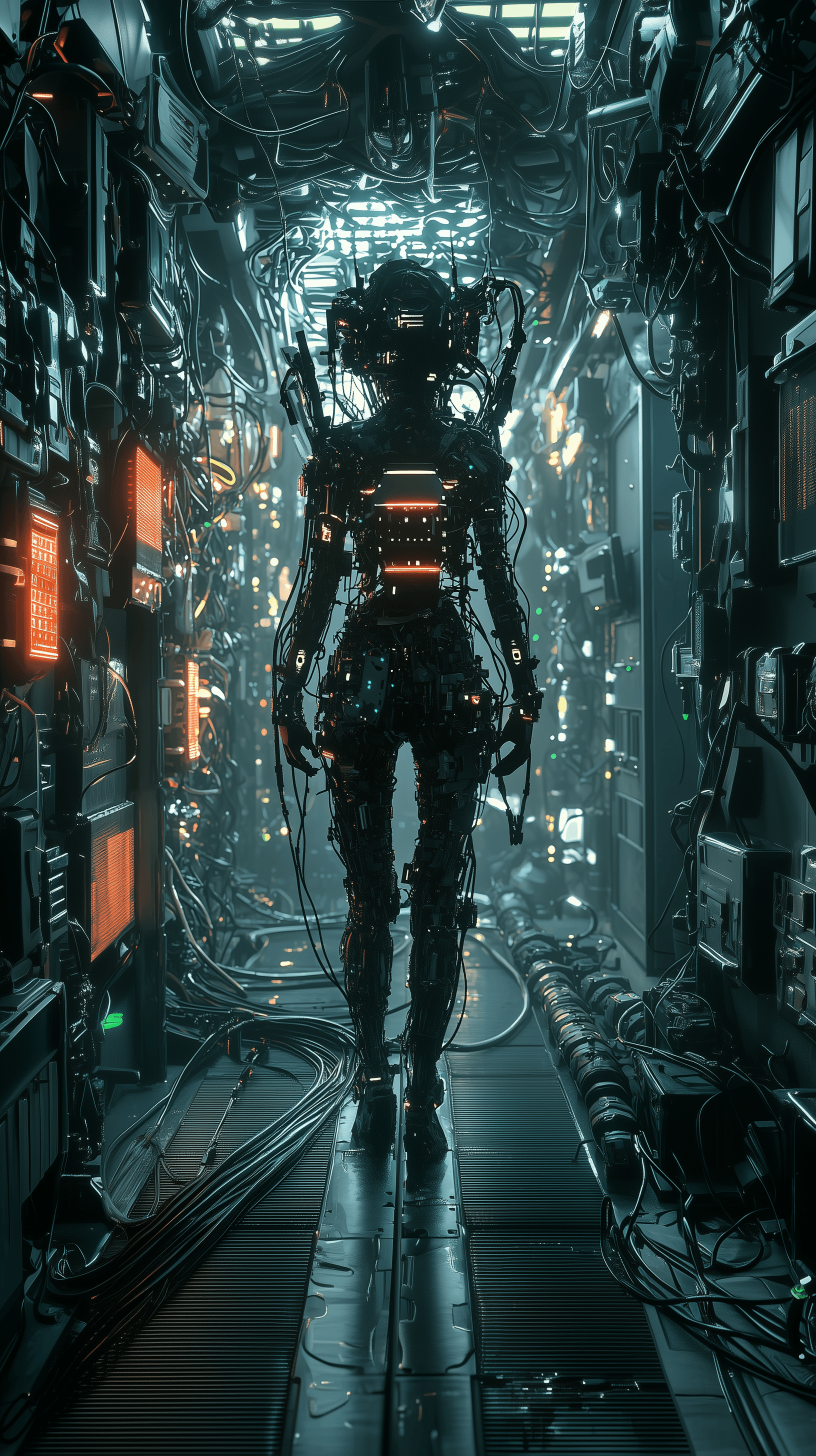 AI generated: highly detailed, futuristic illustration of a cybernetic girl, standing in a dimly lit corridors of ...