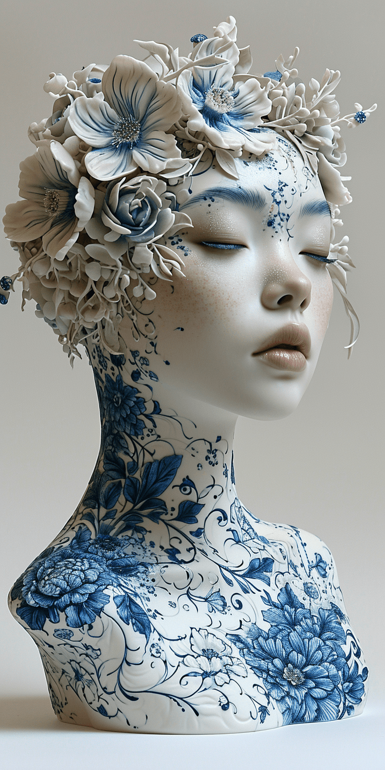 AI generated: a woman made out of porcelain, in the style of balanced symmetry, white and blue, detailed facial fe...
