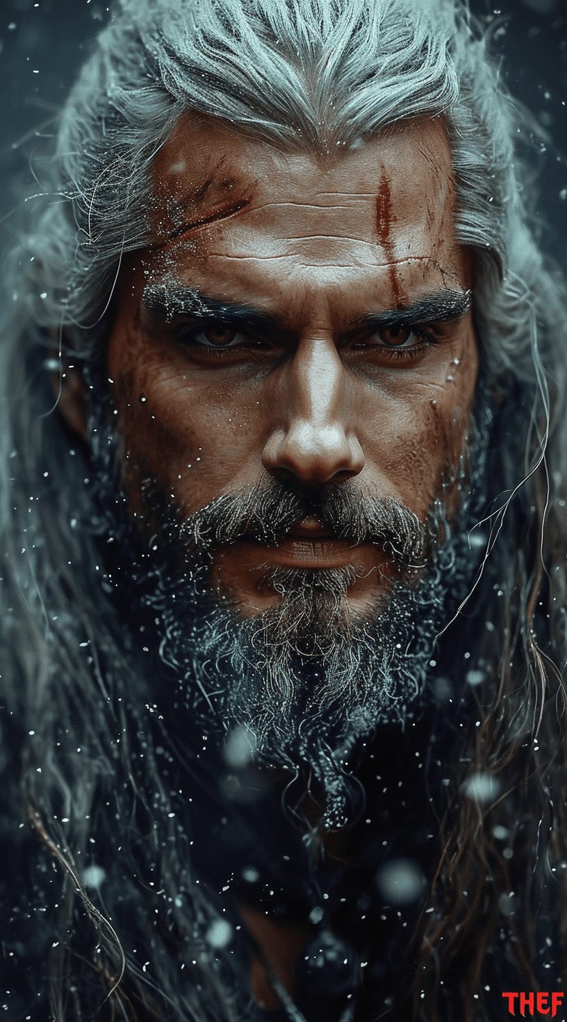 AI generated: the Witcher wallpaper, in the style of brushwork exploration, light blue and indigo, expressive figu...