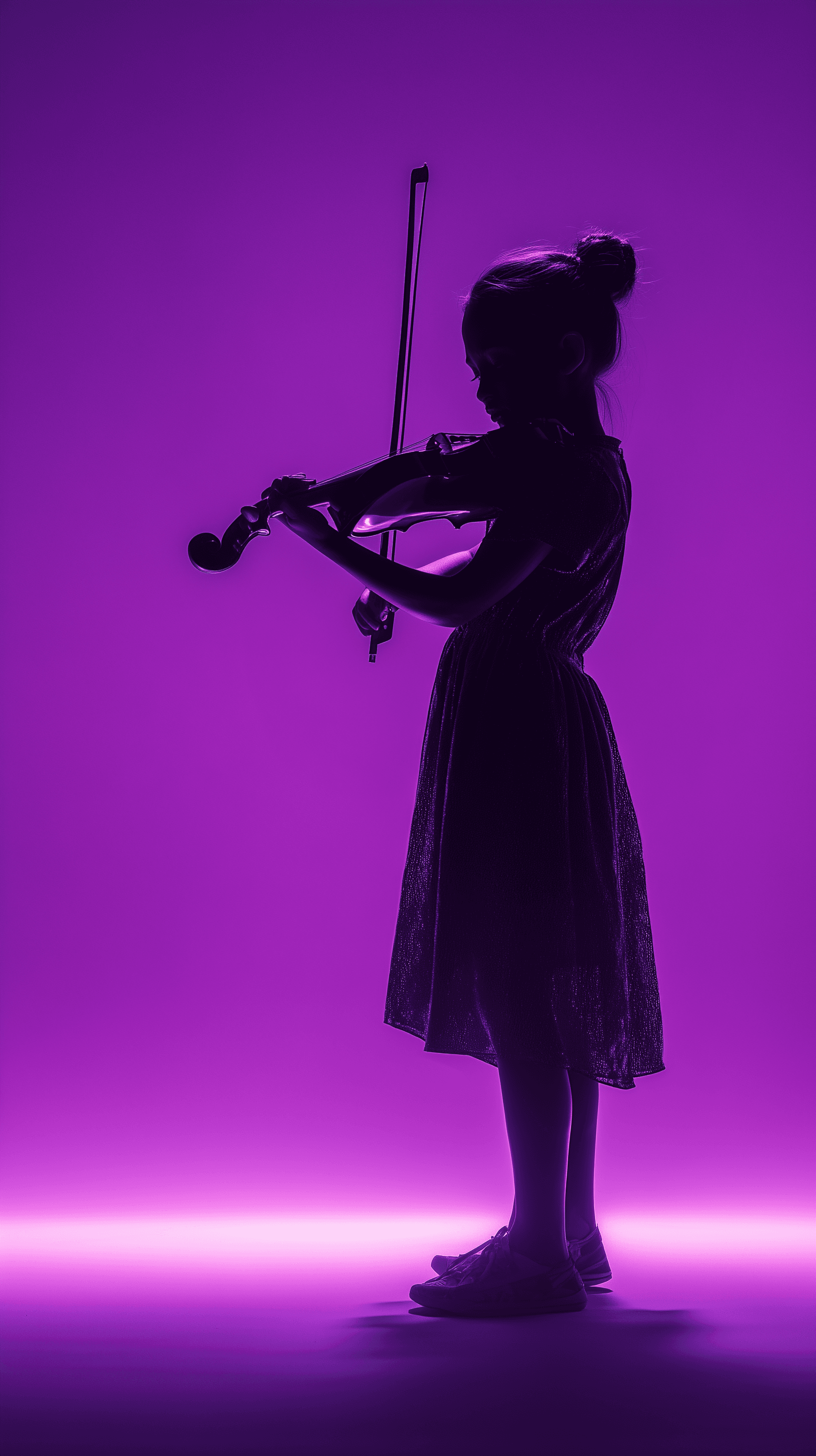 AI generated: photography, full body of a neon violet themed, little girl violinist, back lights with silhouette, ...