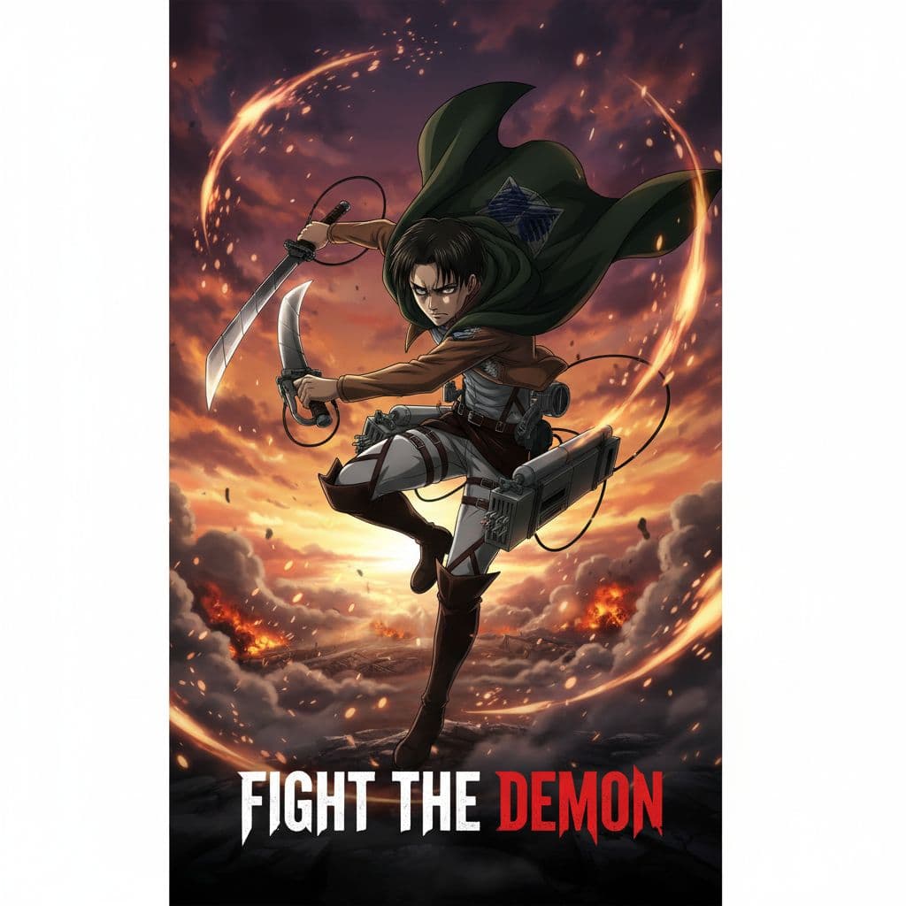 AI generated: Levi Ackerman from Attack on Titan, mid-spin in battle with dual swords, cape flowing, sparks and em...