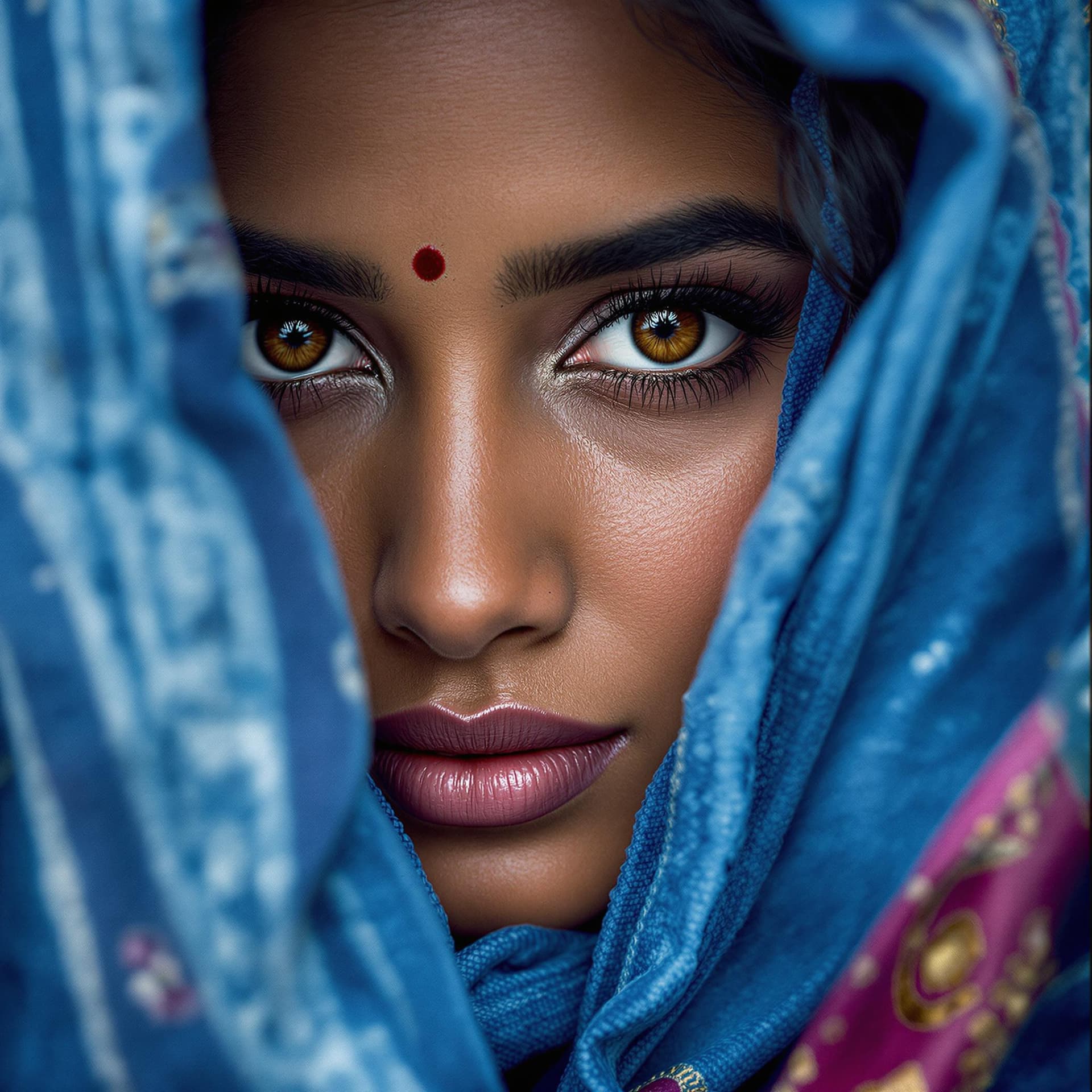 AI generated: Professional photography, 35mm film, sharp lens,
A close-up portrait of a young Indian woman with gl...