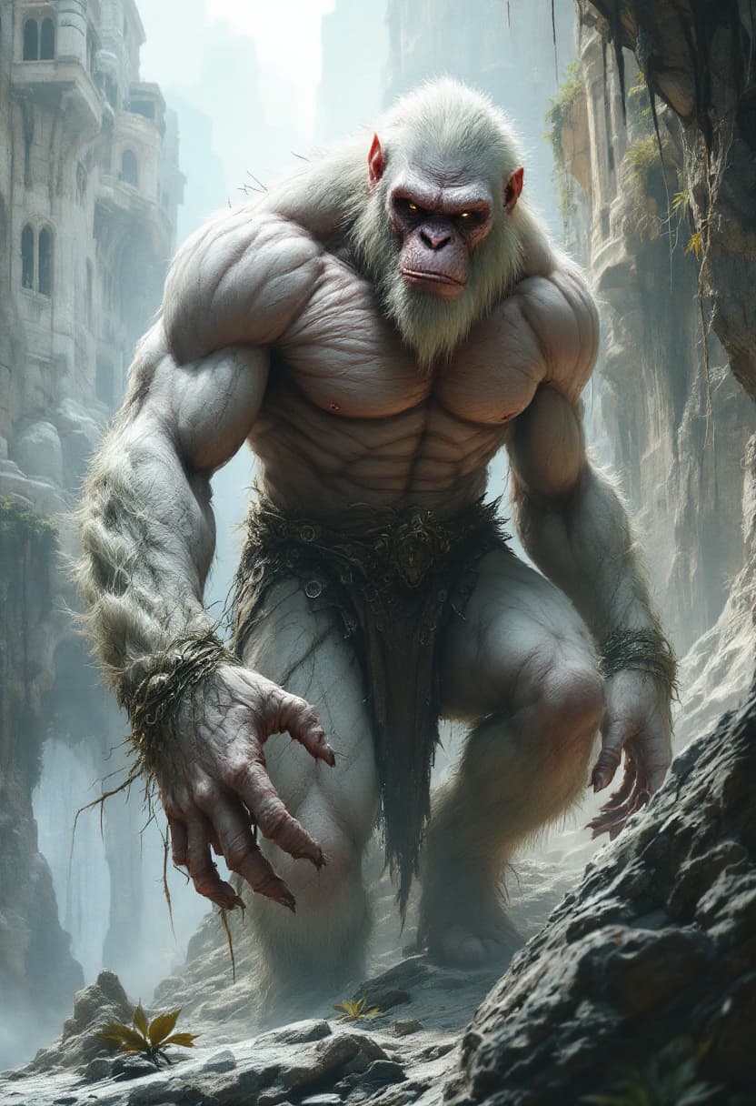 AI generated: Full body, albino ape with human body, strong bodybuilder, muscular, strong, fantasy luxury, scary, ...
