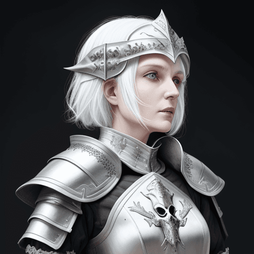 AI generated: A white hair woman, armour, sorcerer, with skull helmet
