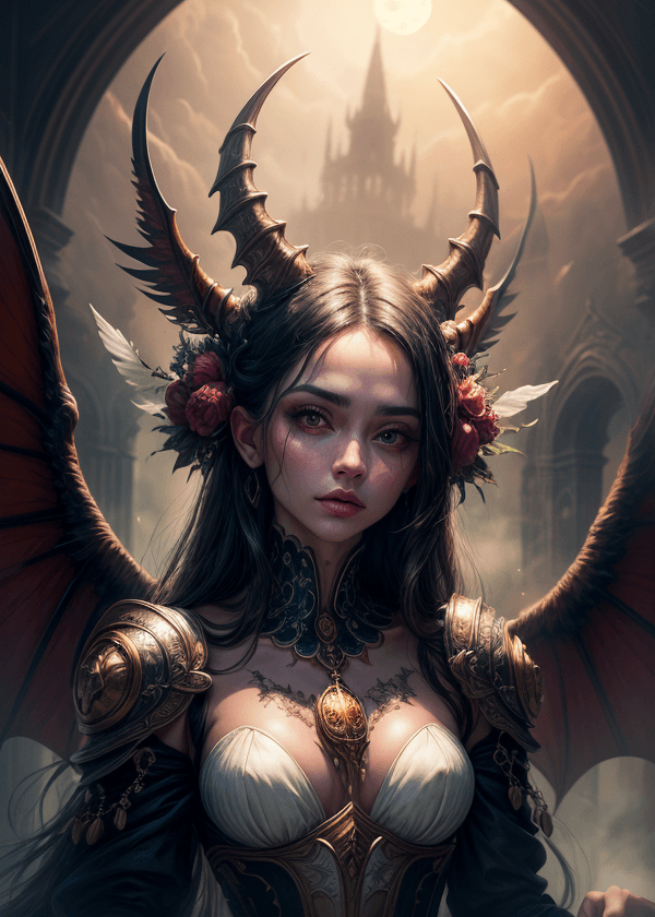 AI generated: (best quality, 8k, masterpiece:1. 2), close up portrait, sharp focus, alluring demon, ethereal beaut...