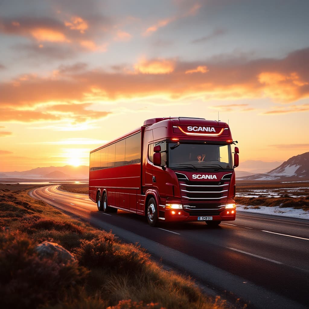 AI generated: generate a high resolution 4k picture of a Scania marcopolo bus that is photorealistic, red in color...