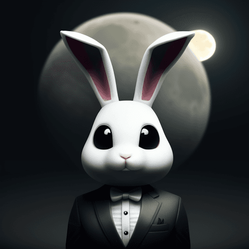 AI generated: Create a bunny with a creepy stare using a microphone  with the moon behind him , in HD resolution 
