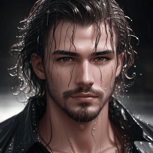 AI generated: a man, wet hair, splashes of raining water with facial hair, intricate details, male model portrait ...