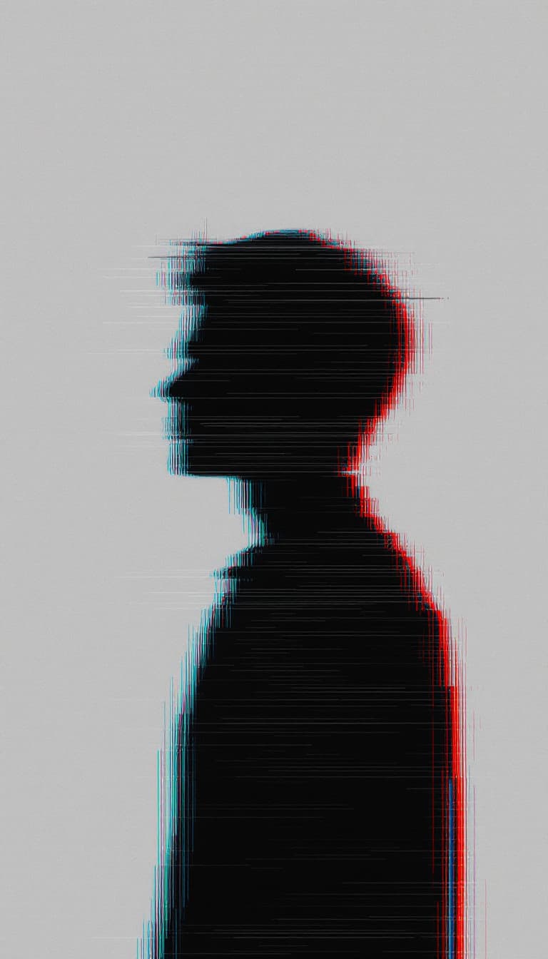 AI generated: glitch art with linear distortion, horizontal scan lines and digital interference, vertical portrait...
