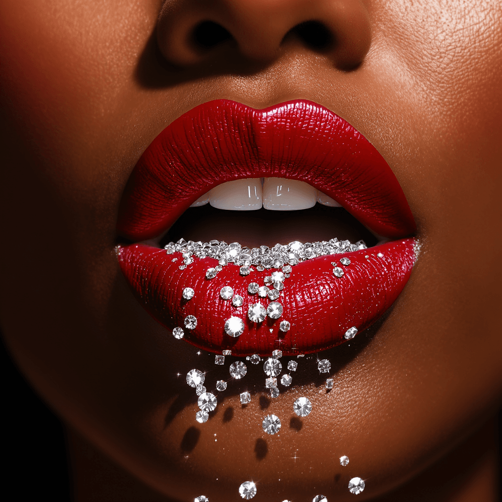 AI generated: Create a dramatic, hyper-realistic close-up of a brown-skinned woman’s lips, coated in a rich matte ...