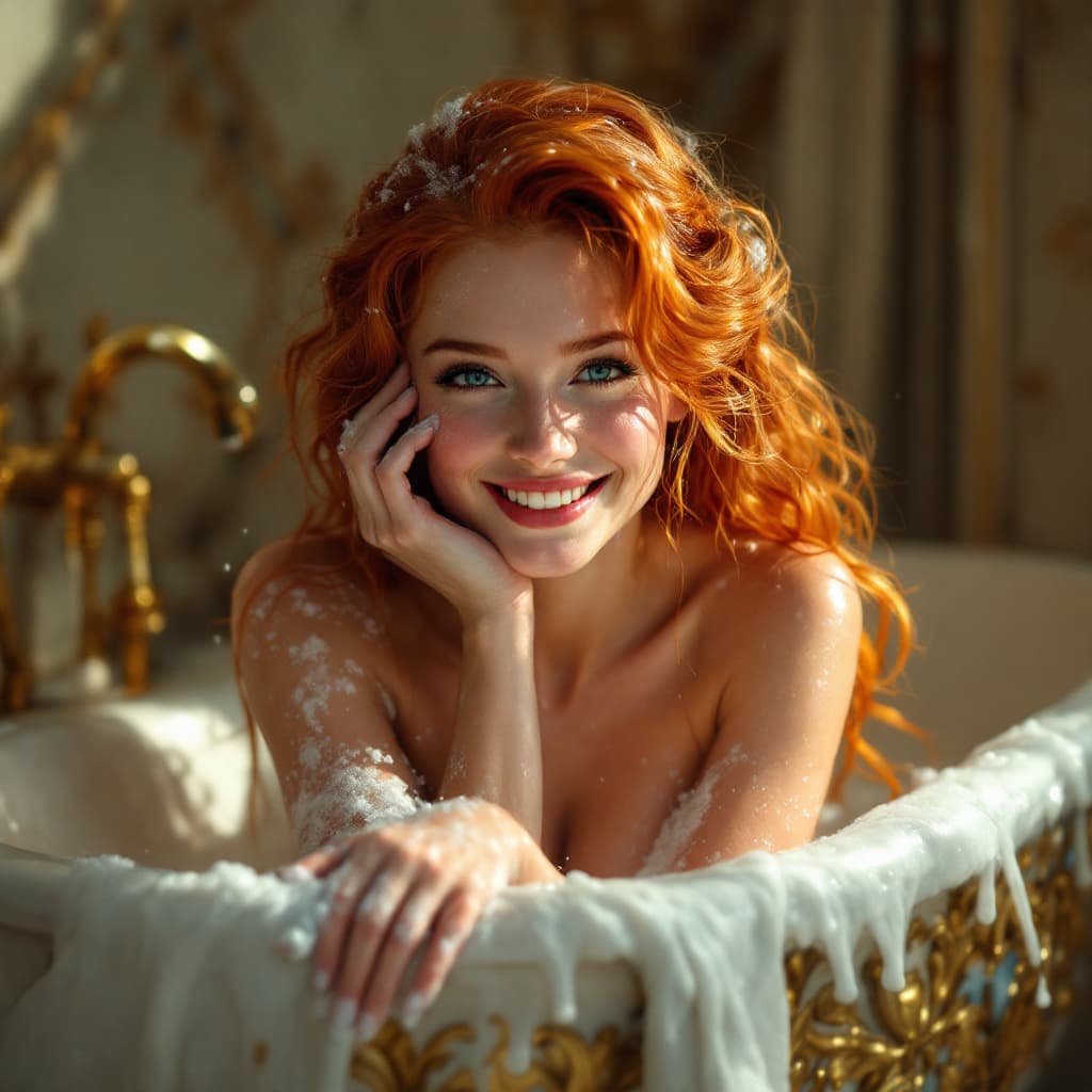 AI generated: ,sweet,cute smiling  very cute sweet ginger haired princess in a bath scene,monarchy,Renaissance, dy...