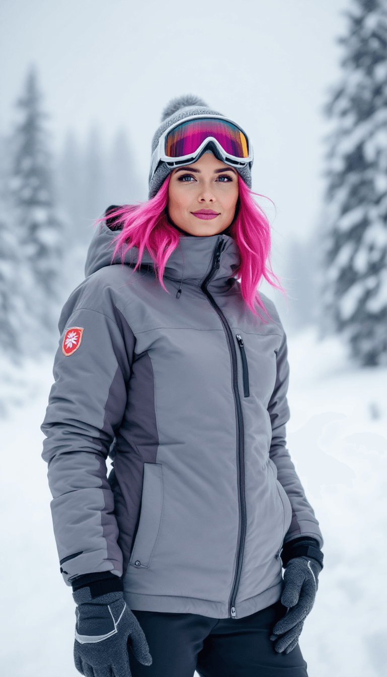 AI generated: Winter scene with a woman in a grin insulated jacket and snow pants, gray gloves, and beanie, standi...