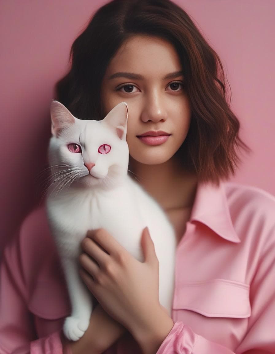 AI generated: cat and girl, pink, cinematic, 4k, details, super quality