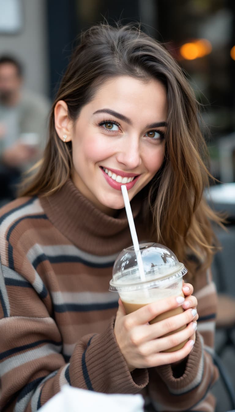 AI generated: A woman sitting outdoors, sipping a drink from a transparent cup with a straw, wearing a brown strip...