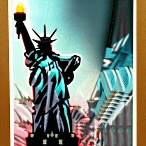 AI generated: ultra photorealistic low-angle shot view of the statue of liberty, she's wearing an anti-nuclear sui...