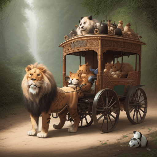 AI generated: cat playing Lost carriage on his shoulder and the passengers are lion, panda, dog and fox site on se...