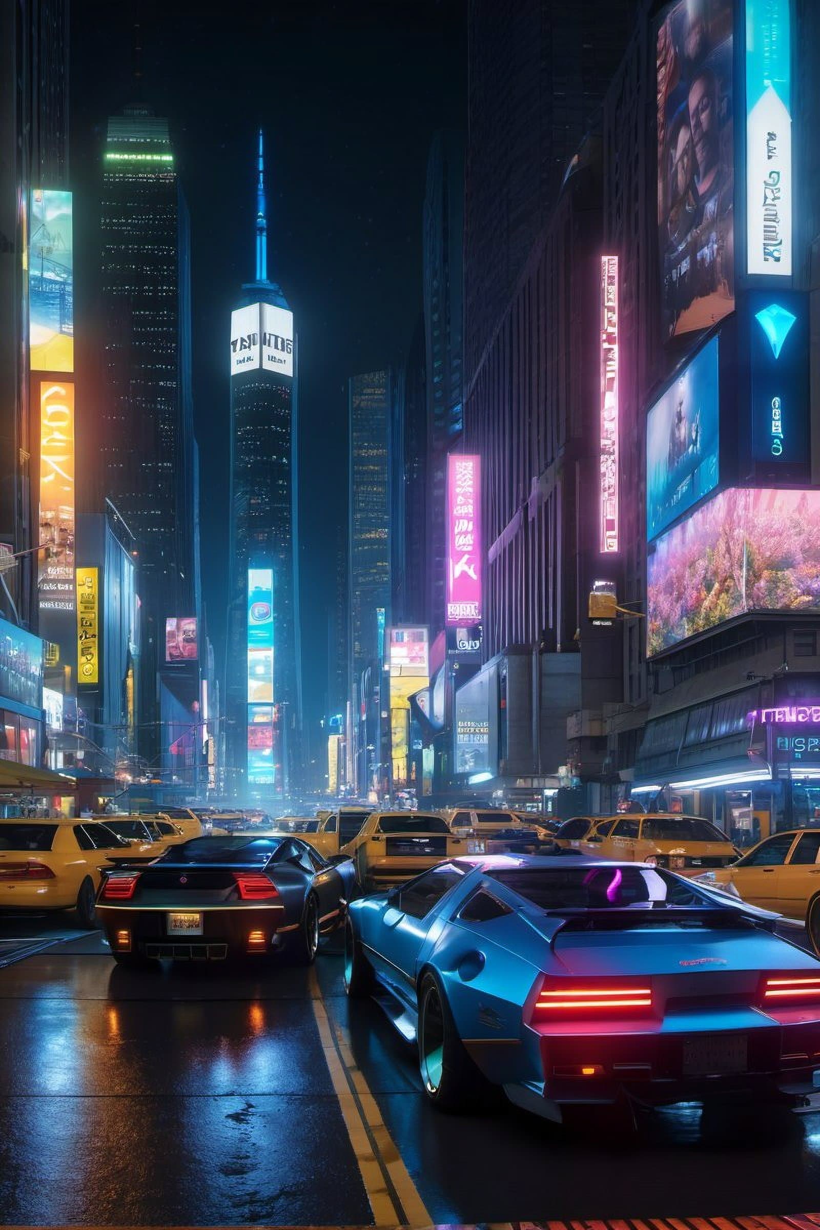 AI generated: futuristic nighttime cyberpunk New York City skyline landscape vista photography by Carr Clifton & G...