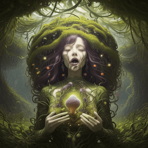 AI generated: The image depicts a Mycelium world, which is a fantastical and surreal environment. The central figu...