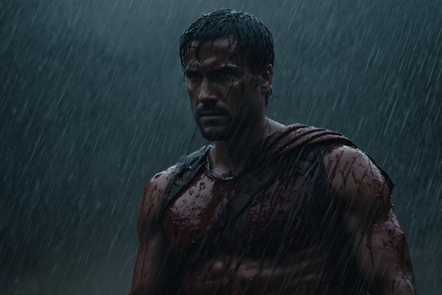 AI generated: a spartan standing, rainy, soaked in blood, looking at the camera, despair, Highly detailed cinemati...